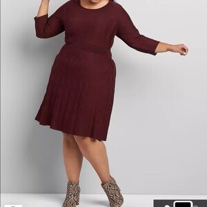 Lane Bryant Burgundy Textured Knit Long Sleeve A-Line Dress
